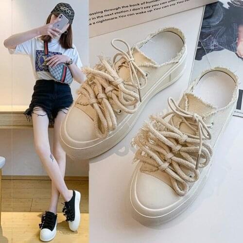 2021 Summer Womens Cloth Shoes Flat Sports Shoes Womens Casual Shoes Low-top Lace-up White Shoes Half Support Without Heels