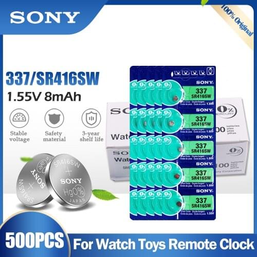 500PCS Sony Original 337 SR416SW SR416 LR416 V337 GP337 1.55V Silver Oxide Battery For Watch Hearing Aid Toys Button Cell Coin