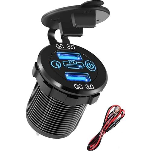 60W Dual QC 3.0 USB & PD Type-C Triple Socket 12-24V Aluminum Car Charger with Touch Switch Waterproof for Car Boat Marine RV