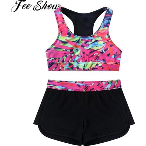 Kids Girls Sleeveless Racer Back Running Sets Cutouts Crop Top Sports Bra with Boy-cut Shorts Sports Gymnastics Workout Outfits