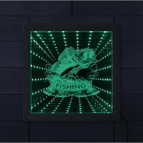 Fishing Club Never Ending Tunnel 3D LED Light Fisherman Stunning Optical Illusion Photo Frame Illuminated Mirrors Man Cave Gift