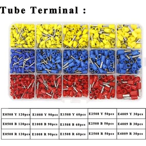 1050pcs/lot tube insulating terminals E0508 E1008 E1508 E2508 E4009 for 0.5/1.0/1.5/2.5/4mm2 wire crimp terminal connector