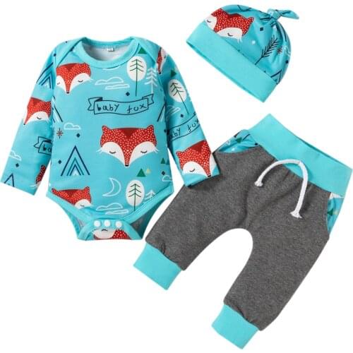 2021 Infant Baby Boy Girl 3Pcs Clothing Set Long Sleeve Animal Printed Romper Top Long Pants Hat 0-18M