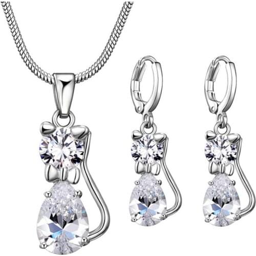 MOONROCY Cubic Zirconia Crystal Necklace and Earrings Jewelry Set Cat Silver Color for Women Girls Gift Dropshipping Wholesale