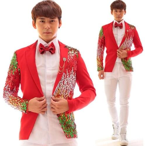 Red men suit designs masculino stage costumes for singers men color sequin blazer dance clothes jacket style dress punk rock