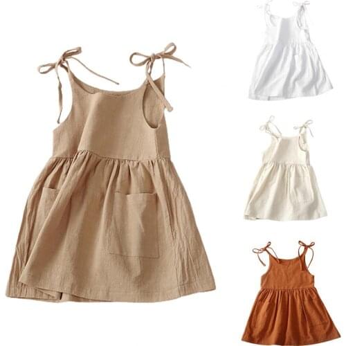 4 Color Summer Baby Girl Dress 1-5T Leisure Adjustable Shoulder Strap High Waist Solid Color Sleeveless Dress for Outdoor