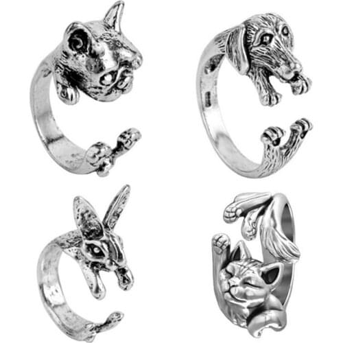 Cute Cat and Dog Pet Ring Retro Animal Rabbit Ring Ladies Jewelry Gift Resizable Wholesale Drop Shipping