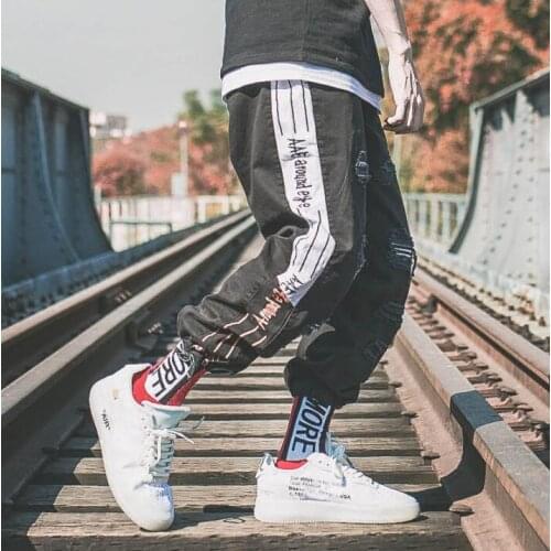 Holes personality fashion mens pants casual harem pant loose men feet trousers pantalones hombre cargo pantalon homme black