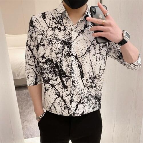 Hot Sale Summer Fashion Branches Print Thin Shirt Men Clothes 2021 Simple Slim Fit Half Sleeve Casual Chemise Homme Streetwear