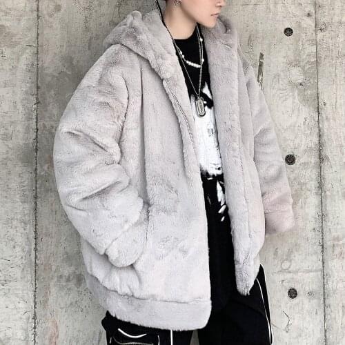 3 Solid Colors Loose Rabbit Hair Thickened Coat Hooded Wool Gray White Casual Mens Fur Coat Veste Fourrure Homme 2021 Winter