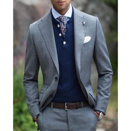 Fashion notch lapel gray fashion men wedding suits jacket custom made groom mens suits two pieces slim fit tuxedos for business