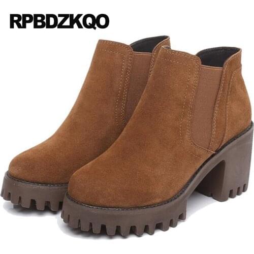 High Heel Chunky Autumn Casual Fall Chelsea Ankle Winter Slip On Booties Women Boots 2016 Round Toe Shoes Platform Trend Brown