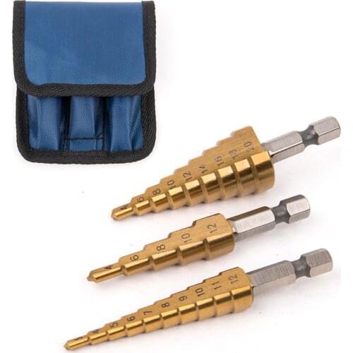 3pcs Titanium Step Cone Taper Drill Bit Set HSS Step Drill Bit Spiral Woodworking Hole Cutter 3-12mm 4-12/20mm