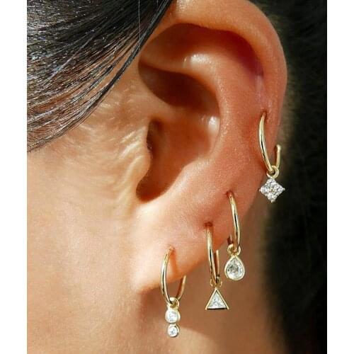 New 925 Sterling Silver Gold Color Vermeil Jewelry 4pc Earring Set Geometric Round Rraingle Circle Stud CZ Charm Earring Women