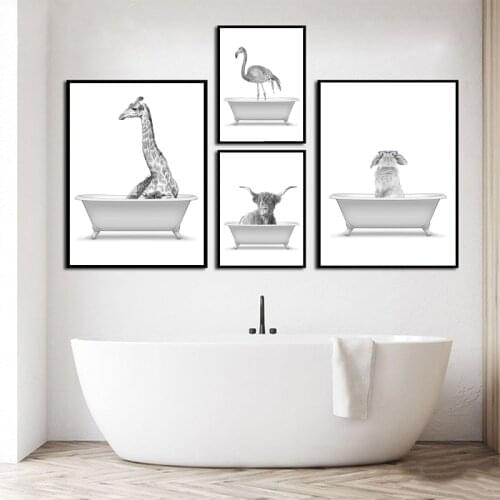 Bathroom Wall Art Pictures Funny Animals Cow Giraffe Flamingo Bunny Black White Canvas Poster Nordic Painting Prints Wall Decor