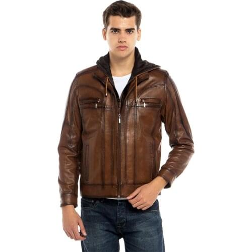 Genuine Soft Lambskin Leather Jacket Handmade Man Brown Jacket Biker Motorcycle Hooded Bomber Real Fur Coat Custom Product