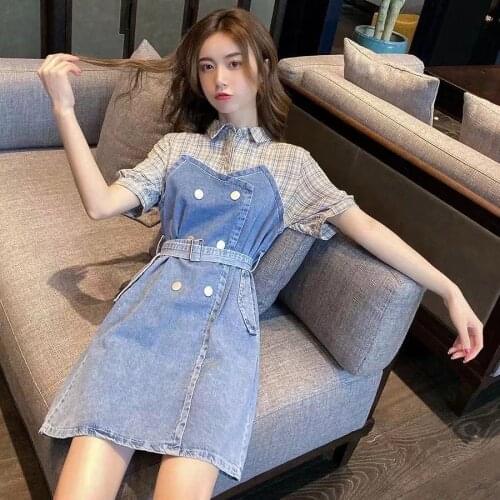 2021 New Summer Cotton Denim Patchwork Dress Women Vintage Slim Fit Cover Abdomen Temperament Dress Korean Style Fairy Skirt