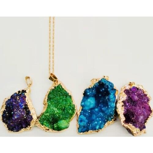 Color rough stone crystal agate pendant necklace natural mineral crystal plating edge gilt neck chain DIY jewelry men and women