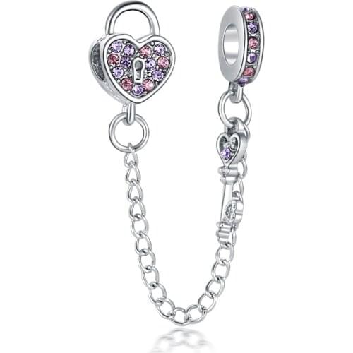 Silver Plated Beads Charm Sparkling Lock Your Love Safety Chain Charms Fit Original Bracelets Women Diy Jewelry