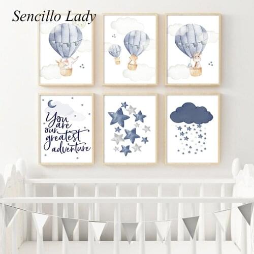 Balloon Giraffe Elephant Cartoon Animal Child Poster Print Baby Nursery Wall Art Canvas Painting Boy Bedroom Decoration Picture