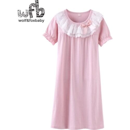 Retail 4-16 years cotton short-sleeved nightdress lace pajamas home service spring fall autumn