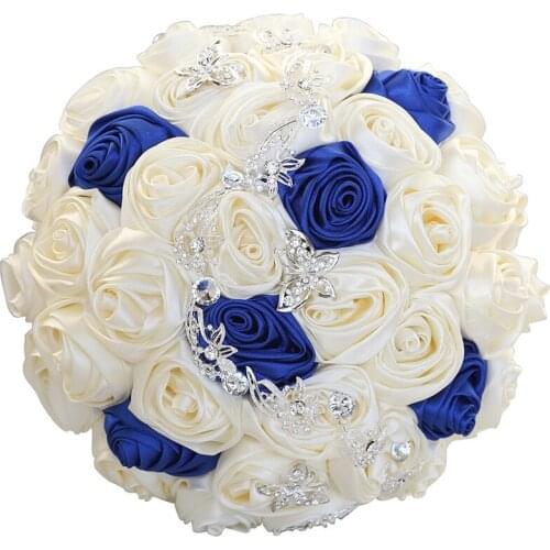 Handmade Wedding Bridal Bouquet Holding Silk Rose Bouquet with Rhinestone Tassel Decoration for Wedding Chapel Royal Blue B02