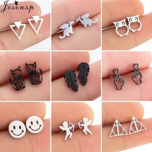Punk Black Stainless Steel Stud Earrings for Women Men Multiple Fashion Owl Leaf Earings Deathly Hallows Ear Studs Pendientes