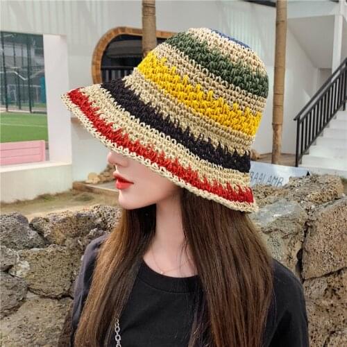 2021 Summer Ladies Straw Hat Sun Hat Breathable Bohemian Beach Hat Seaside Vacation Striped Female Big Brim Hat Foldable Hat