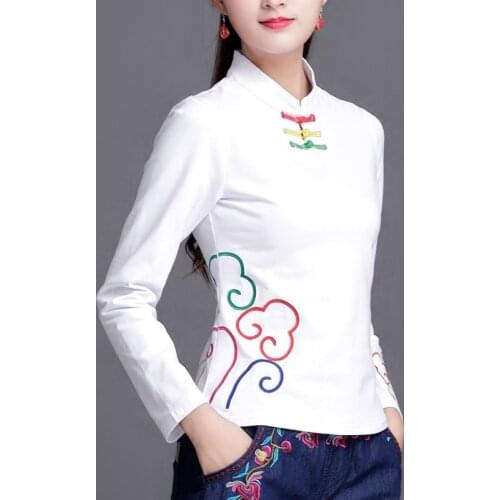 Simple Ethnic Long sleeve Embroidery T Shirt Women 100% Cotton Solid color Elegant Tees Shirts Autumn Bottoming Ladies Plus size