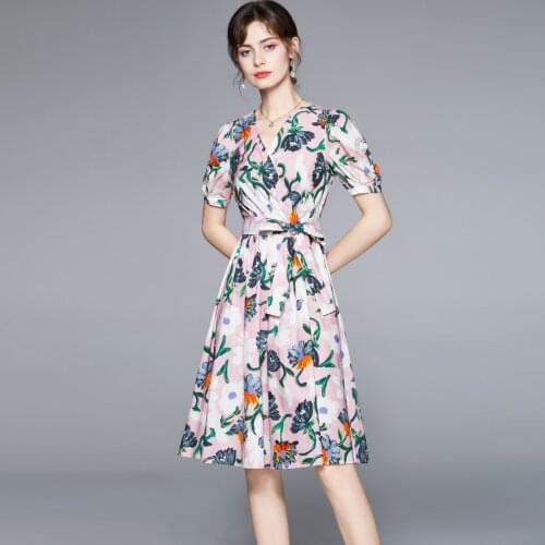 Womens Summer Clothing 2021 New Fashion Short Sleeve V Neck Print Floral Casual Dress Knee Length Bandage Aline Holiday Vestido