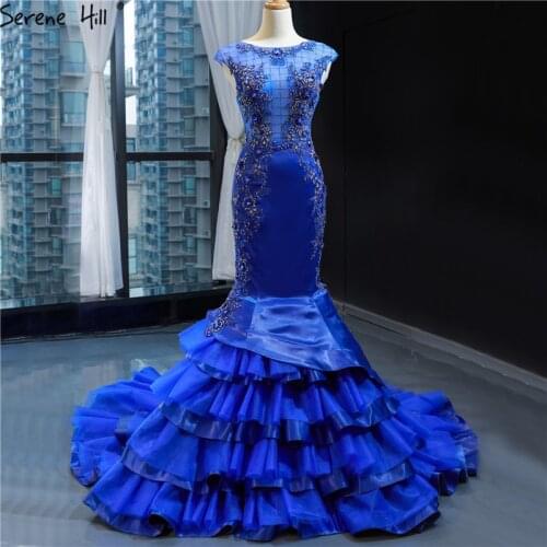 Dubai Blue Tiered Mermaid Sleeveless Wedding Dresses 2020 Flowers Beading High-end Wedding Gown HM66898 Custom Made