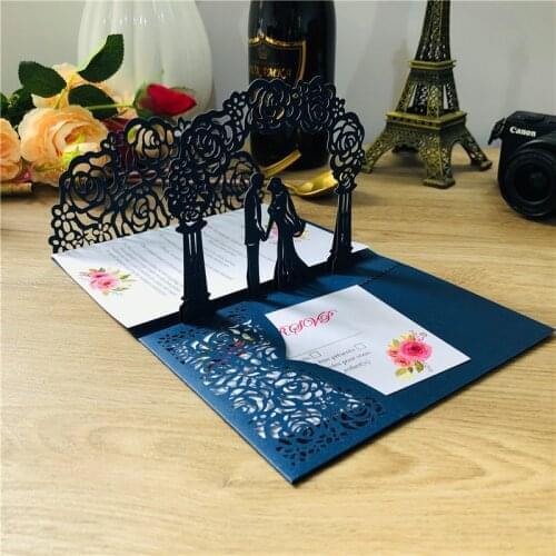 3D Pop up wedding invitations laser cut wedding cards holder with envelope Rsvp customize marriage Navy blue White tiffany Pink
