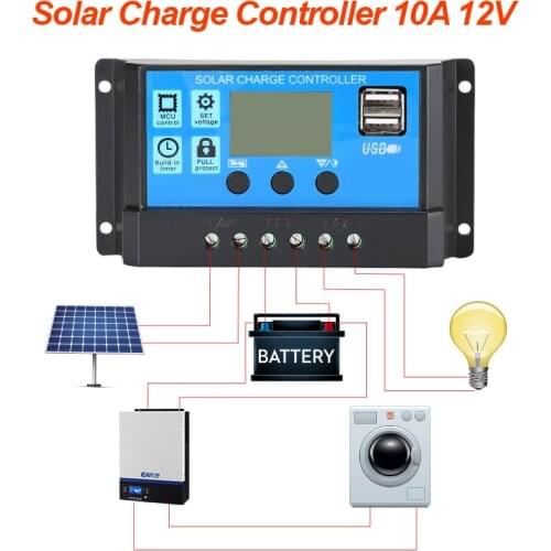 POWLAND 10A 12V 24V Auto Solar Charge Controller PWM Controllers LCD Dual USB 5V Output Solar Panel PV Regulator