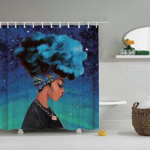 Dafield African Shower Curtain Black Girl with Blue Hair Afro Bathroom Curtain With Hooks