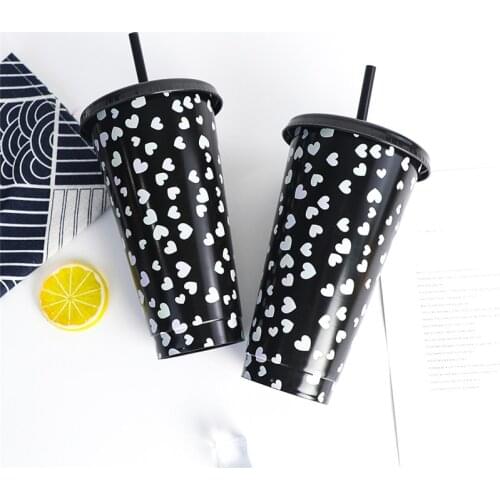 Color Changing Cups With Lids And Straws Reusable Bpa Free Cold Drink Cups Heart Shape Pattern For Kids Кружка Drop Shipping