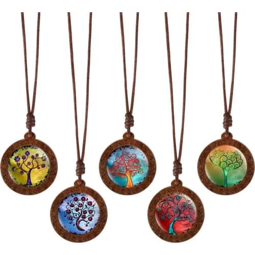 Tree of Life Statement Necklace Art Photo Wood Glass Cabochon Pendant Charm Women Choker Necklace Gifts Jewelry for Women Girls