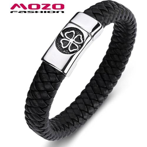 MOZO Fashion Bangle Popular Men Bracelet Black Leather Stainless Steel Magnet Buckle Bracelet Man Four-leaf grass Punk Jewelry