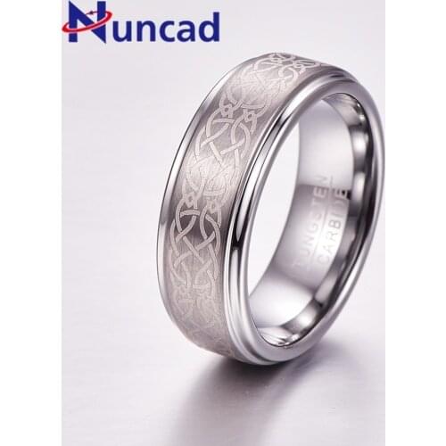 Nuncad Mens 8mm Laser Knot Brushed Tungsten Carbide Wedding Band Rings Polished Silver Color Ring Size 7-12