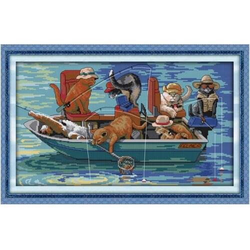 The fishing cats cross stitch set cartoon kit 14ct pre stamped DMC color stitching animal embroidery DIY handmade needlework