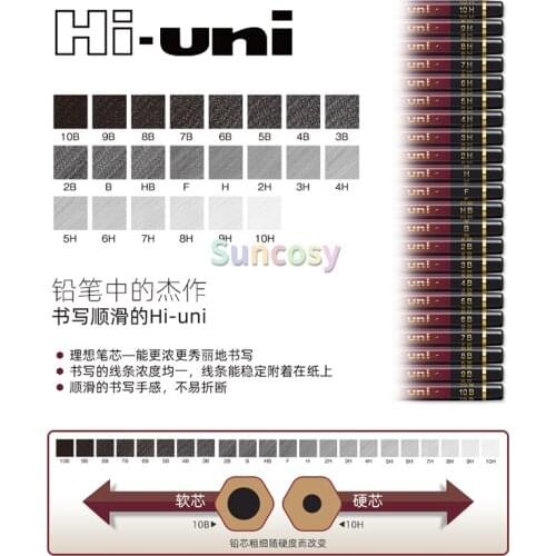 UNI Hi-uni The Most Advanced Drawing Pencil for Drawing 2H/HB/2B/4B/6B,22 Type of Hardness for Office School Pencil