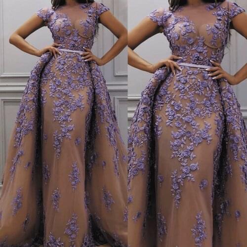 SuperKimJo Short Sleeve Purple Evening Dress Long Detachable Skirt Lace Applique Beaded Luxury Evening Gown 2020 Robe De Soiree