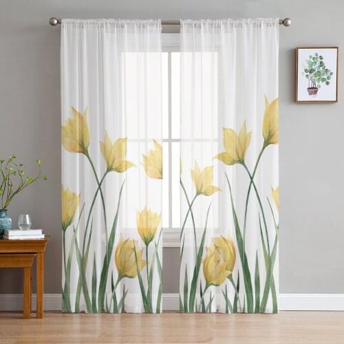 Yellow Tulip Flower Sheer Window Curtains for Living Room Bedroom Girls Room Decoration Tulle Curtains