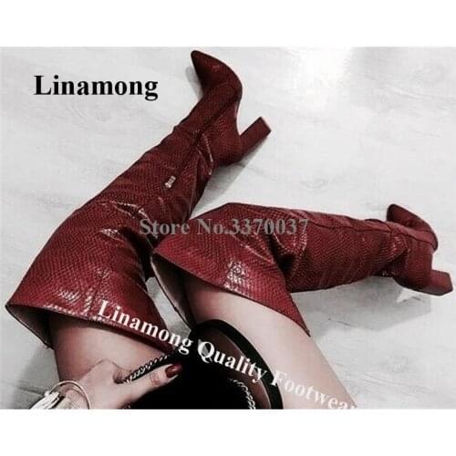 Women Fashion Style Pointed Toe Pattern Snake Leather Chunky Heel Over Knee Boots Sexy Long Thick High Heel Boots Dress Heels