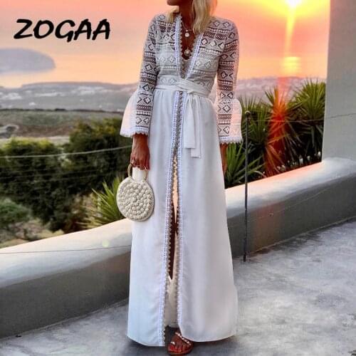 ZOGAA Plus Size Lace Crochet Dress Women Hollow Out Sexy Maxi Dresses Elegant Party Cardigan Robe 2020 Summer Vestidos Sundress