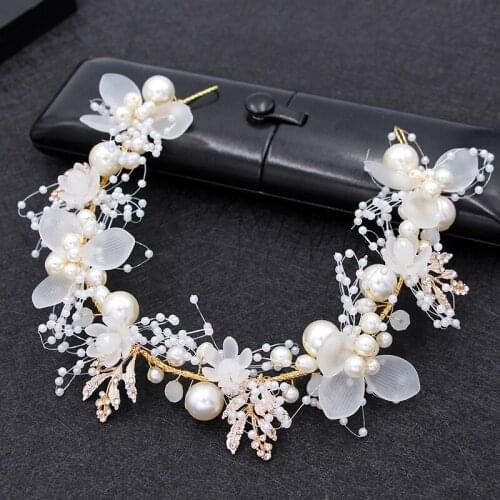 1PC Pearl Crystal Wedding Headbands Bridal Head Pieces Gold Color Handmade Headband Leaf Rhinestone Women Tiaras Jewelry