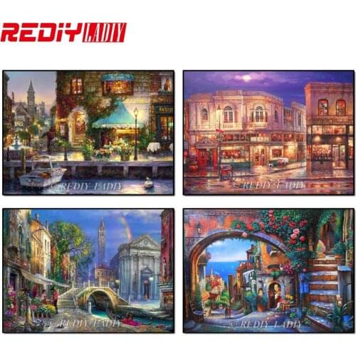 REDIY LADIY Full Square Diamond Cross Stitch Landscape Flowers Shop 5D Diamond Mosaic Embroidery Canvas new Year Decor Painting