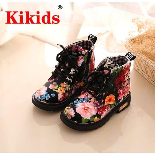 Kids Kid Shoes Floral Martin Boots For Girls Botas Elegant Flower Print PU Leather Shoes Child Rubber Soled Boots Kid Brand Boot