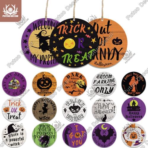 Putuo Decor Halloween Round Wood Signs Hanging Plate Pumpkin Lanrern Wall Plaque for Home Decoration Living Room Wall Decor Gift