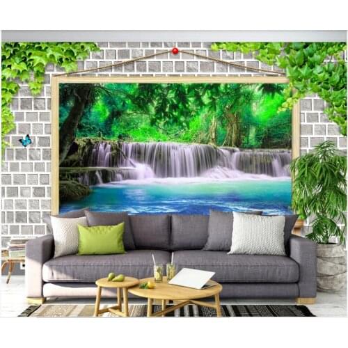 Custom mural 3d wall mural on the wall Forest waterfall scenery brick wall home decor photo wallpaper in the living room