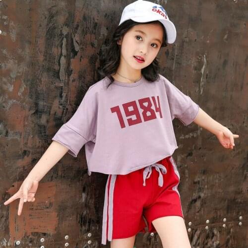 Girls Two Piece Set Top and Shorts 2020 Summer Kids Clothes Set Letter Print Tee + Striped Shorts Cotton T Shirt Children Outfit